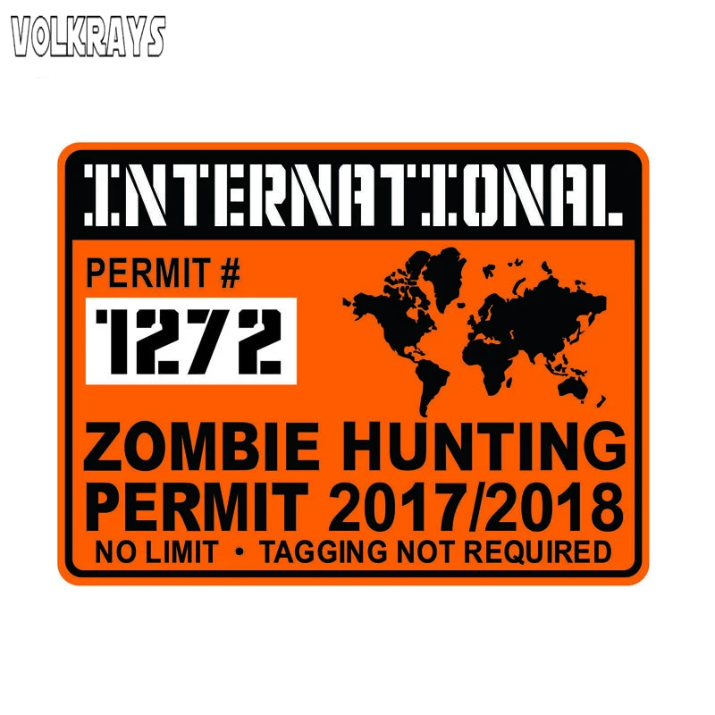 Volkrays Funny Car Sticker International Zombie Hunting Permit Waterproof Accessories Cover Scratches PVC Decal for VW 15cm*20cm |