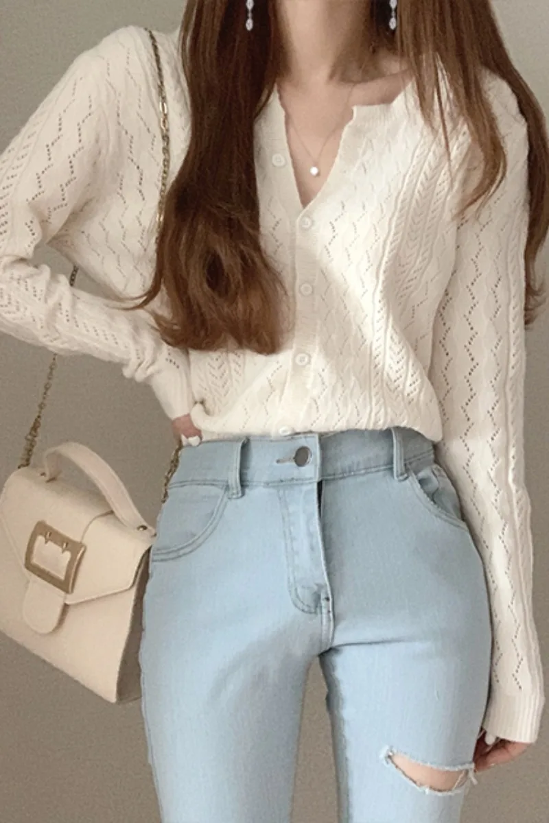 

Spring 2021 New Korean Round Neck Knitted Cardigan Loose-fitting Long Sleeve Sweater Solid Color Women Tops
