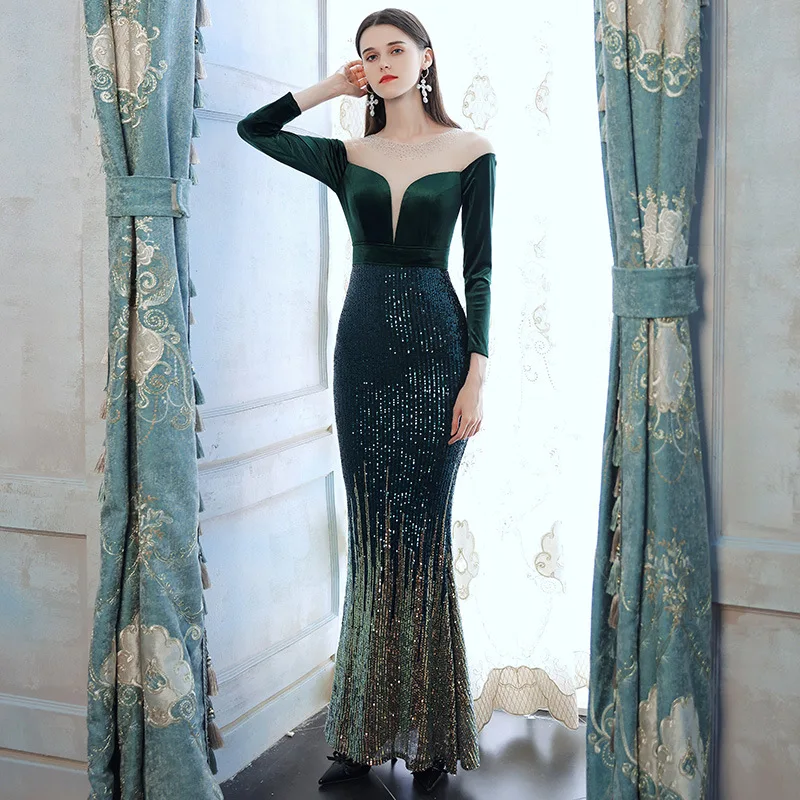 

Women's Sexy Vintage Deep V Neck Long Sleeve Evening Dress Elegant Birthday Party Mermaid Luxurious Sequins Prom Dress A126