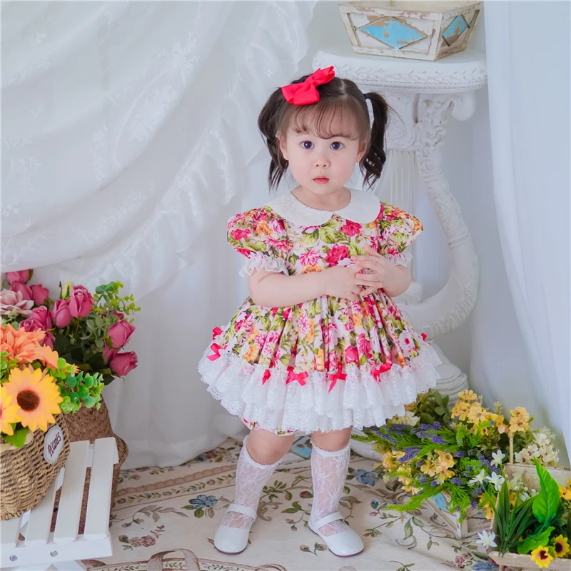 

2PCS Summer Spanish Lolita Birthday Party Dress ShortSleeves Casual Peter Pan Collar Princess Dress For Bady Girls 0-6Y Gute