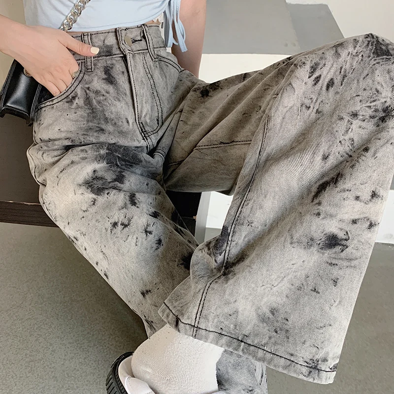 

Tie Dyed Jeans Women's Autumn Design Sense of Minority Sweet Cool Wide Leg Pants Large Straight Tube Sweet Spicy Pants at a Loss