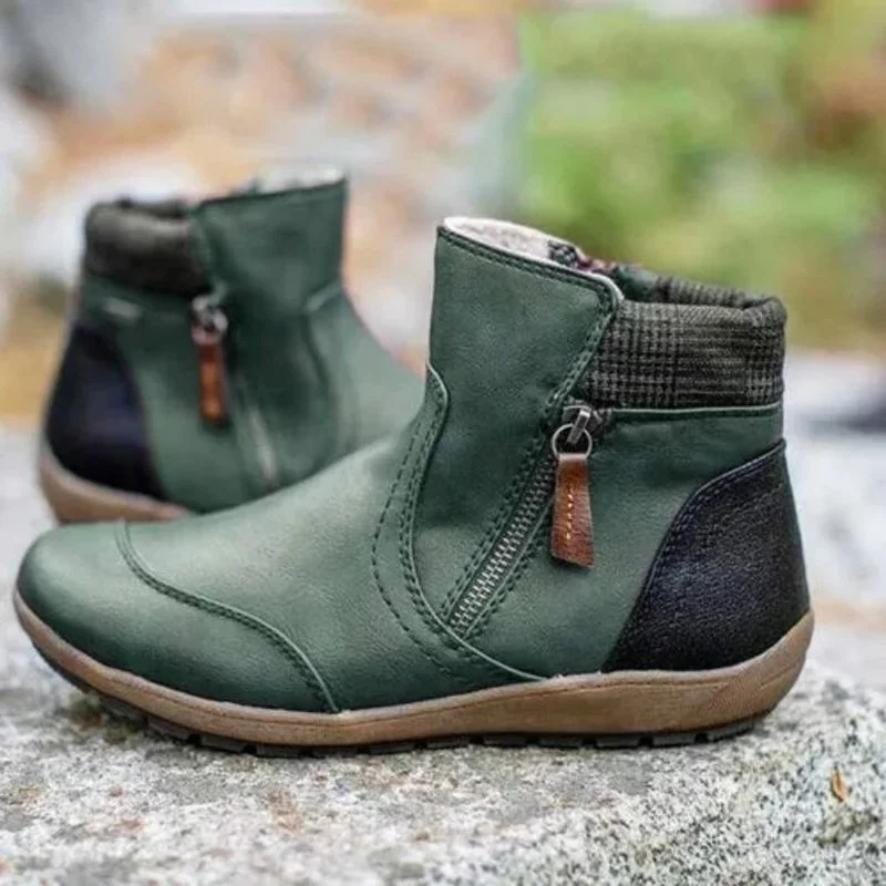 

2021 New Women Shoes, Fashion Trend, All-match Warmth, Non-slip Solid Color PU Stitching Side Zipper Flat Ankle Boots