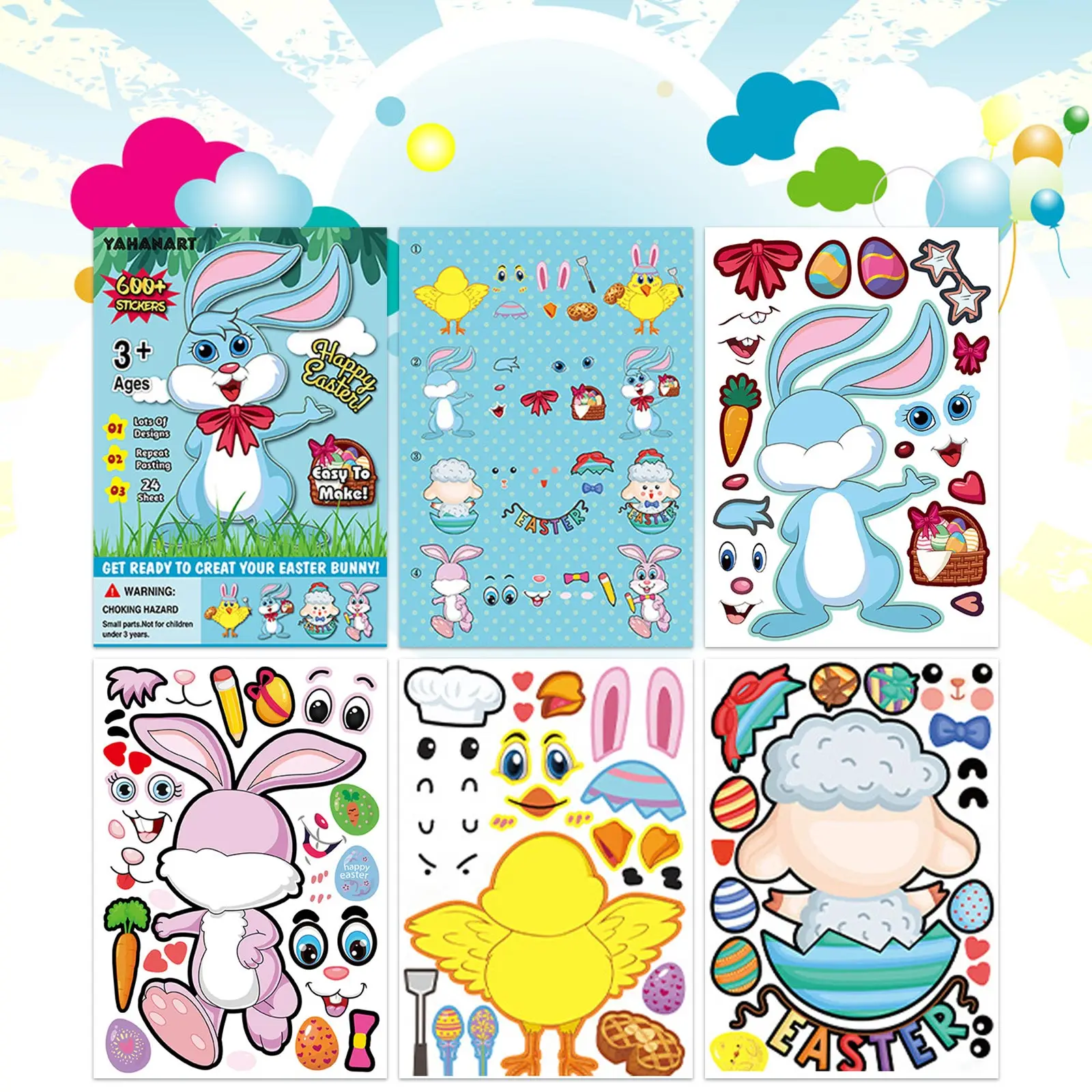 Пасхальные наклейки сделай сам 24 листа зайчик Цыпленок ягненок для детей малыши