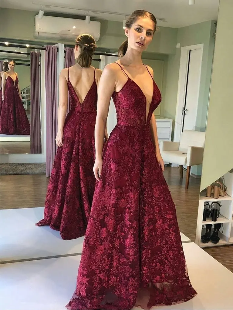 maroon lace prom dress