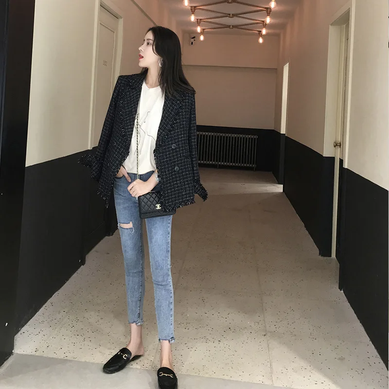 New Style Elegant Tassled Plaid Black Small Suit Jacket Women's Short Graceful Coat | Женская одежда