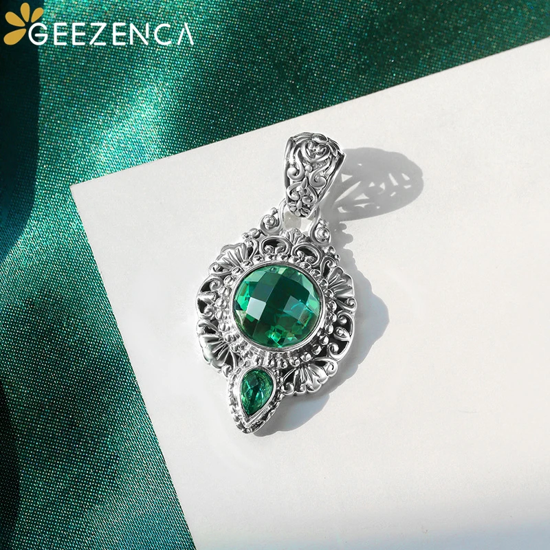 

GEEZENCA 925 Sterling Silver Thai Green Crystal Pendant Necklace Vintage Court Style Artistic Trendy Fine Jewelry Women Gift