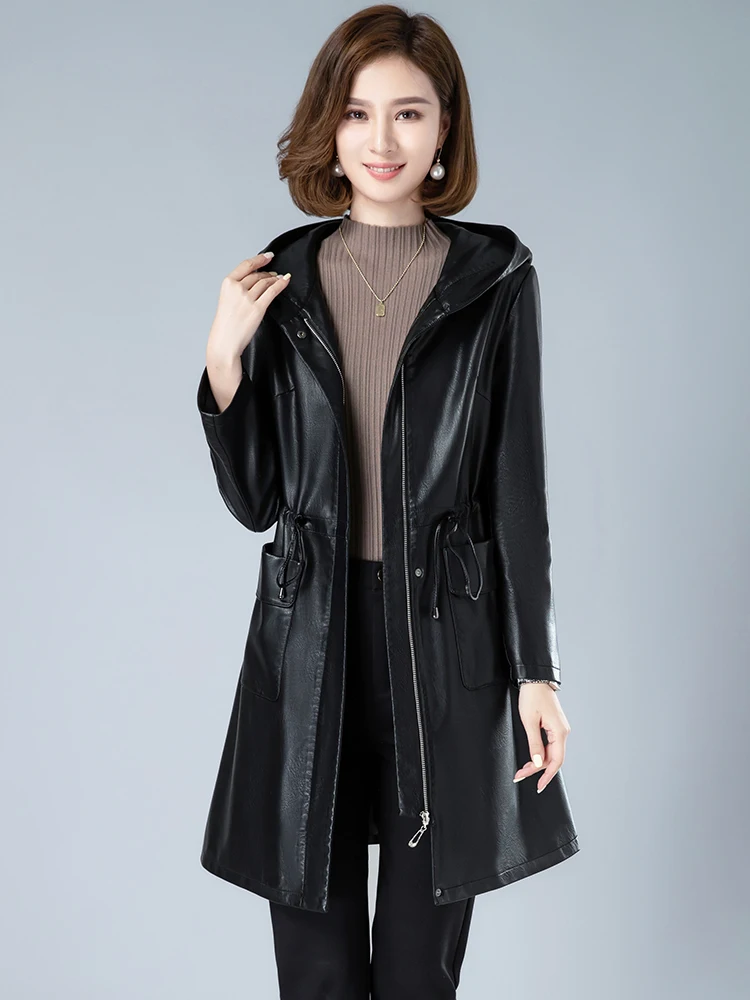 New Women Sheepskin Coat Spring Autumn 2022 Casual Fashion Solid Color Hooded Zipper Drawstring Slim Sheep Leather Trench Coat