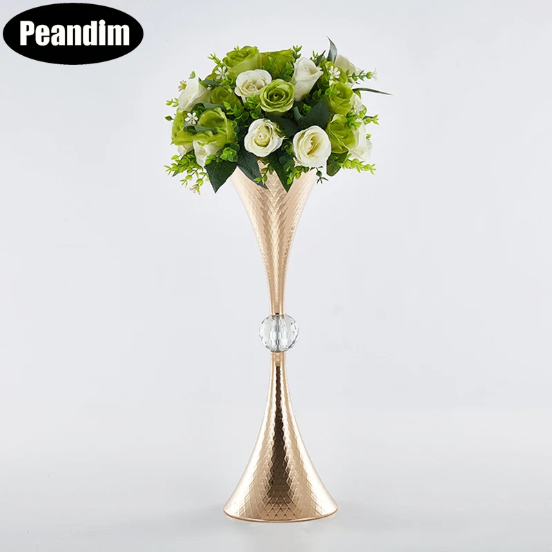 

PEANDIM 10PCS Gold Flower Vase Trumpet Shape Crystal Vase Wedding Table Centerpiece Party Road Lead Flower Stand For Home Decor