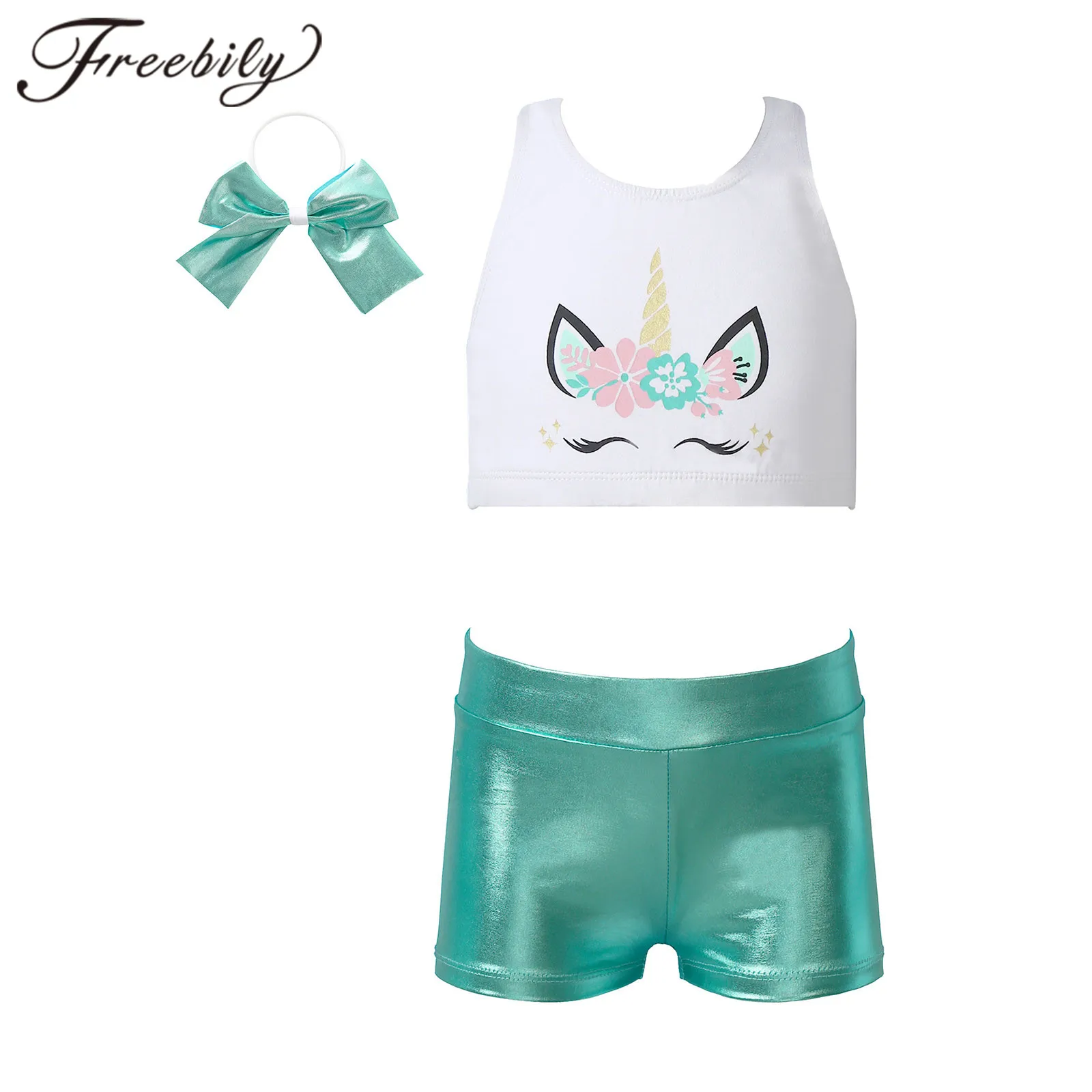 

Kids Ballet Gymnastics Outfits Girls Stylish Dancing Clothes Sleeveless Top Metallic Shorts Dance Costume Children's Dancewear