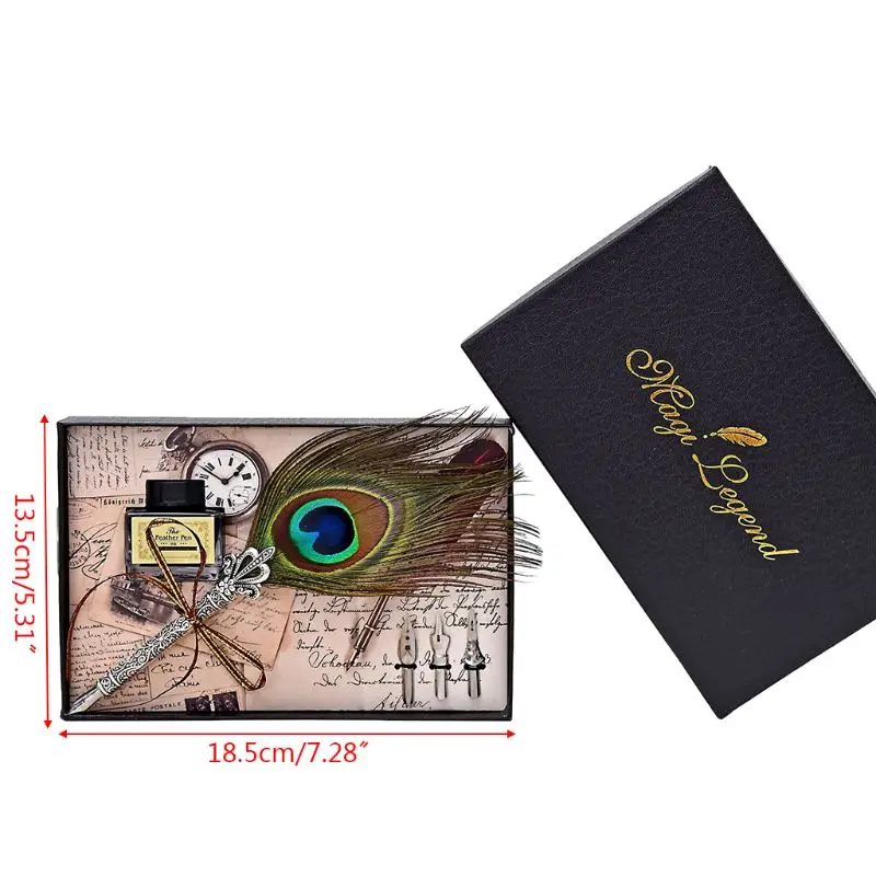 

Vintage Handmade Peacock Feather Quill Dip Fountain Pen + Writing Ink 3 Nibs Kit Set with Gift Box