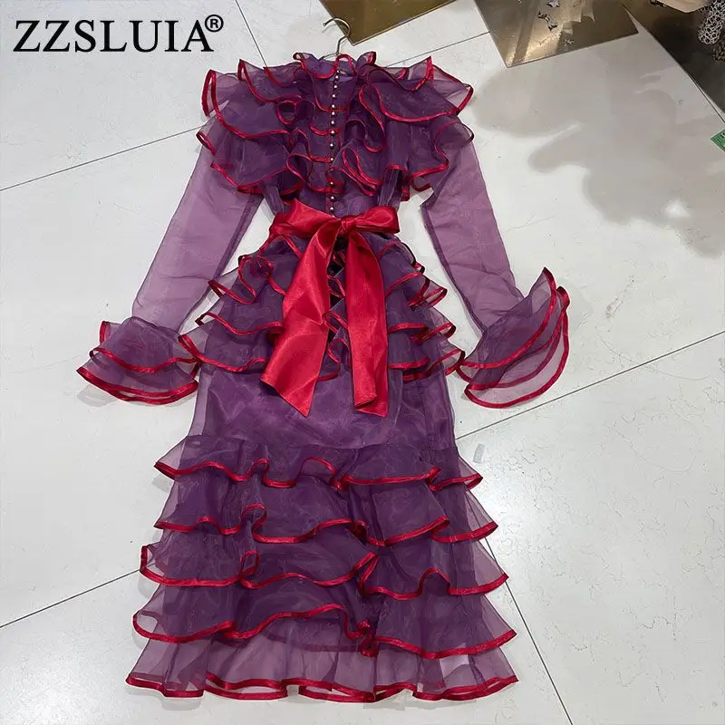 

Элегантные платья для женщин, облегающее платье с воротником с оборками и длинным рукавом, модное цельное женское платье с оборками и банто...