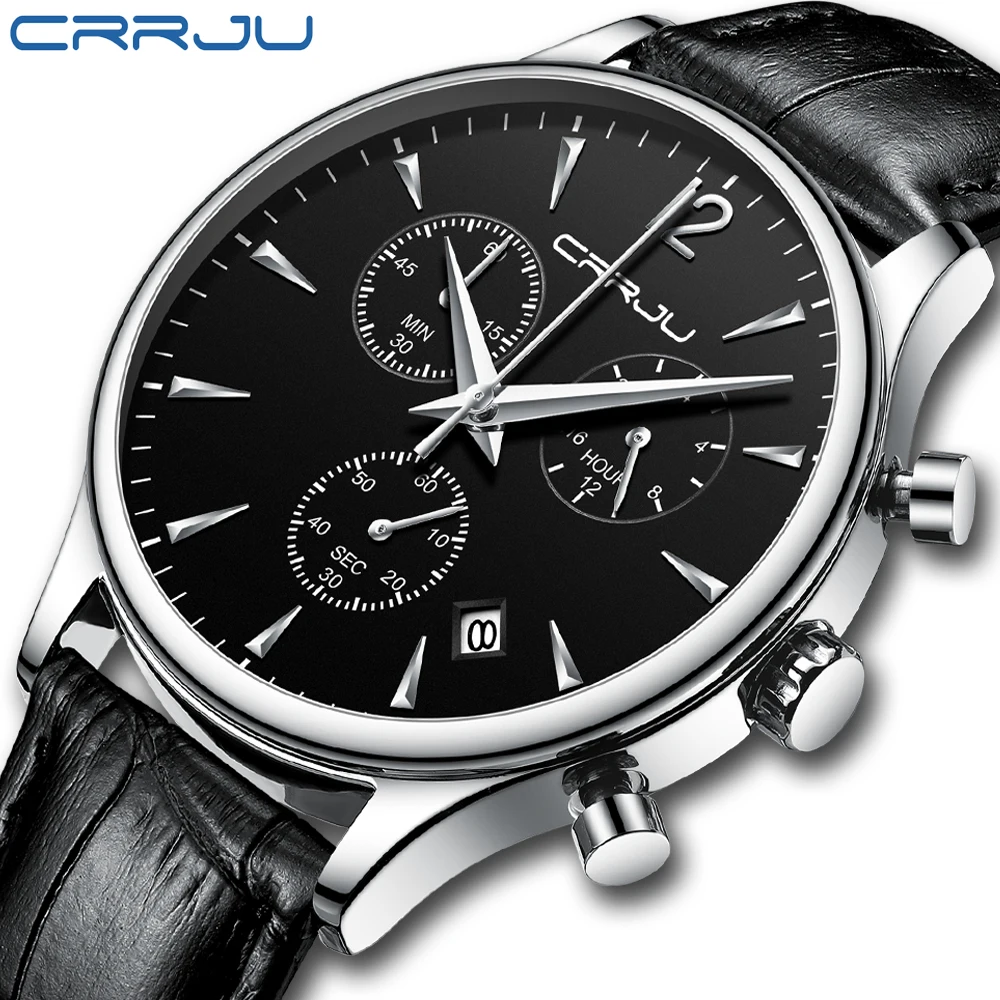 

Часы наручные CRRJU Мужские кварцевые, модные спортивные брендовые Роскошные водонепроницаемые в стиле милитари, с кожаным ремешком