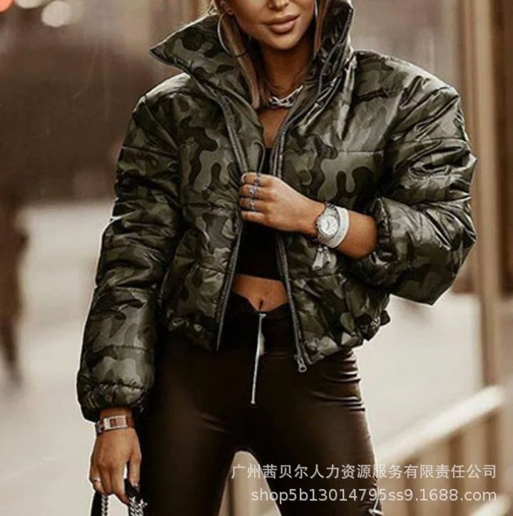 

Winter women's camouflage high neck loose large size warm cotton jacket
