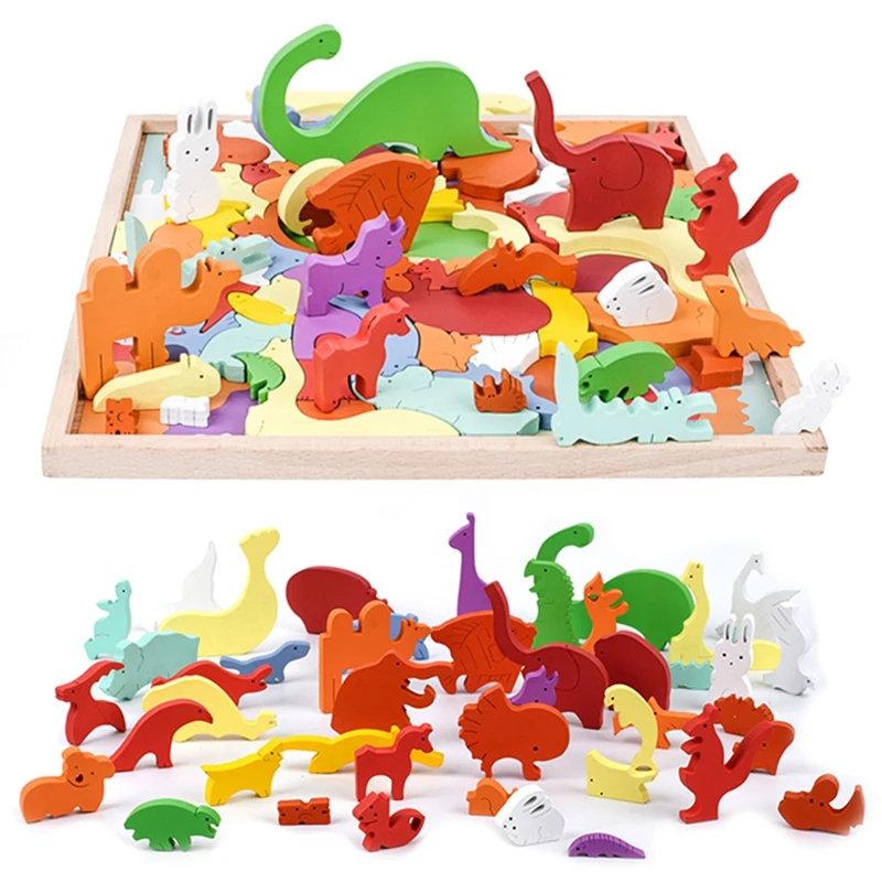 Wooden Animal Blocks 3D Jigsaw Puzzle Baby Toys Wooden Animal Puzzle Educational Stacking Matching Game