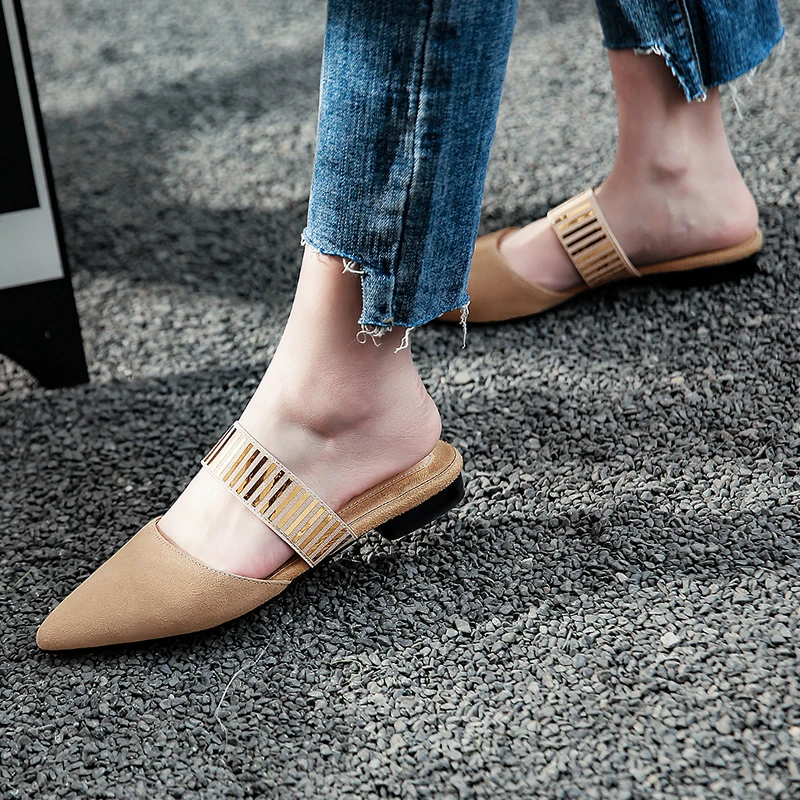

suede Leather Low Heels slippers For Women Vintage Women Mules Brand Office Lady Basic Shoes Woman size 41 42 43