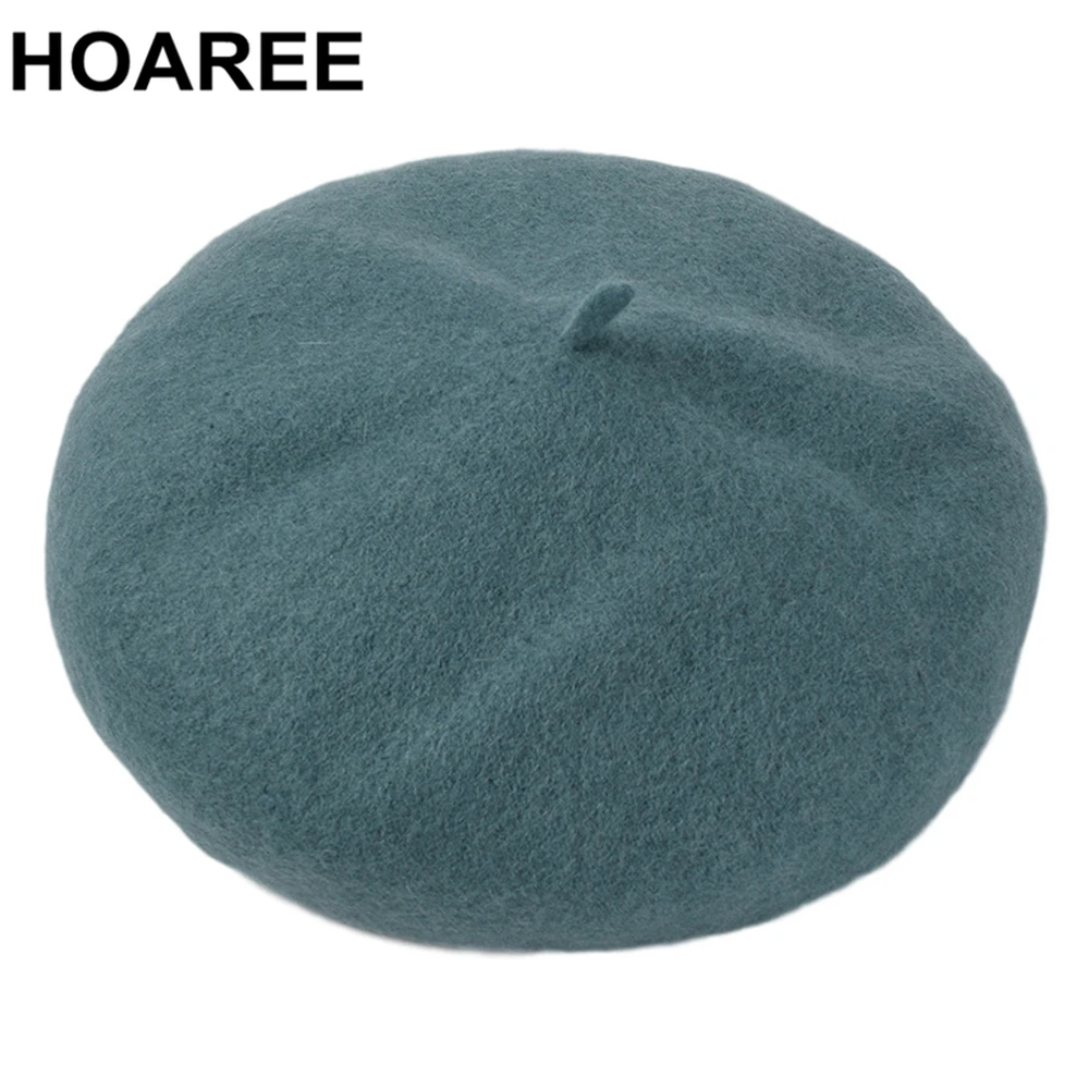 

HOAREE Green Women Hat Winter Wool Knitted Berets Cap Solid Colors Vintge French Beret Lady Painter Hat