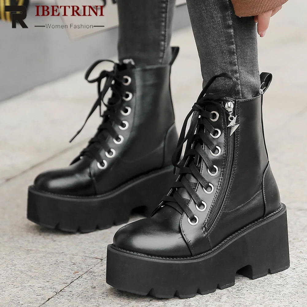 

Female Motorcycle Boots For Women Autumn Platform Chunky Heel Lace Up Zipper Disign Goth Fashion women's Shoes Brand New