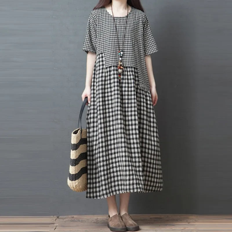 

Women Cotton Linen Casual Dress New Arrival 2021 Summer Vintage Style Plaid Print Loose Comfortable Female Long Dresses B803