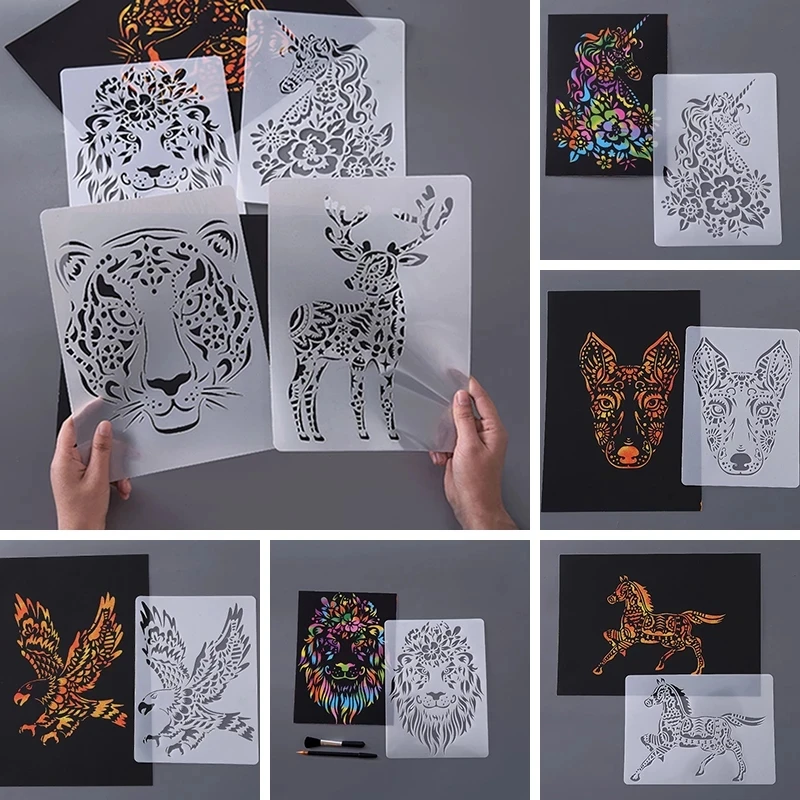 

5pcs/set Painting Kids Toys Stenciled Template DIY Scrapbooking Coloring Tiger Lion Elephat Ruler Educational Toys For Children