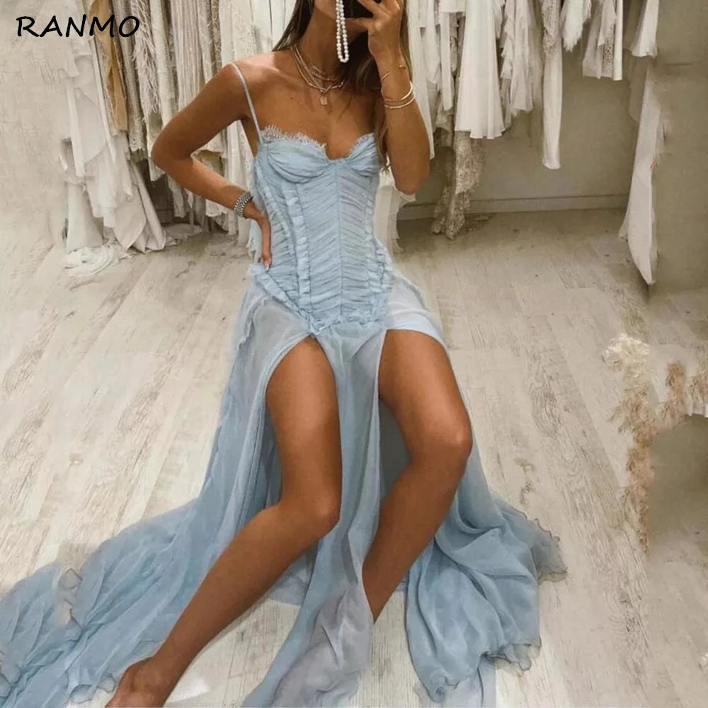 

RANMO Dusty Blue Chiffon Pleats Formal Party Dress Spaghetti Straps Lace Sweetheart High Side Slit Sexy Prom Dresses