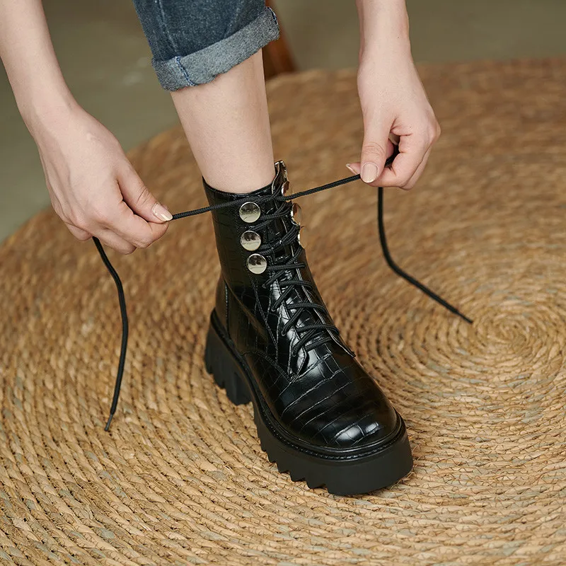 

Asumer 2021 New Arrive Ankle Boots Women Shoes Patent Leather Stone Pattern Round Toe Lace Up Flat Platform Boots Female