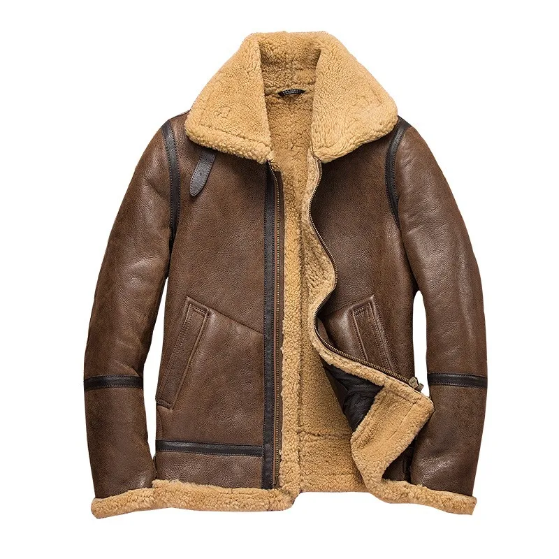 

Leather Genuine Vintage Shearling Pilot Jacket Winter Wool Liner Warm Outerwear Sheepskin Coat Street Real Fur Biker Jackets 5XL