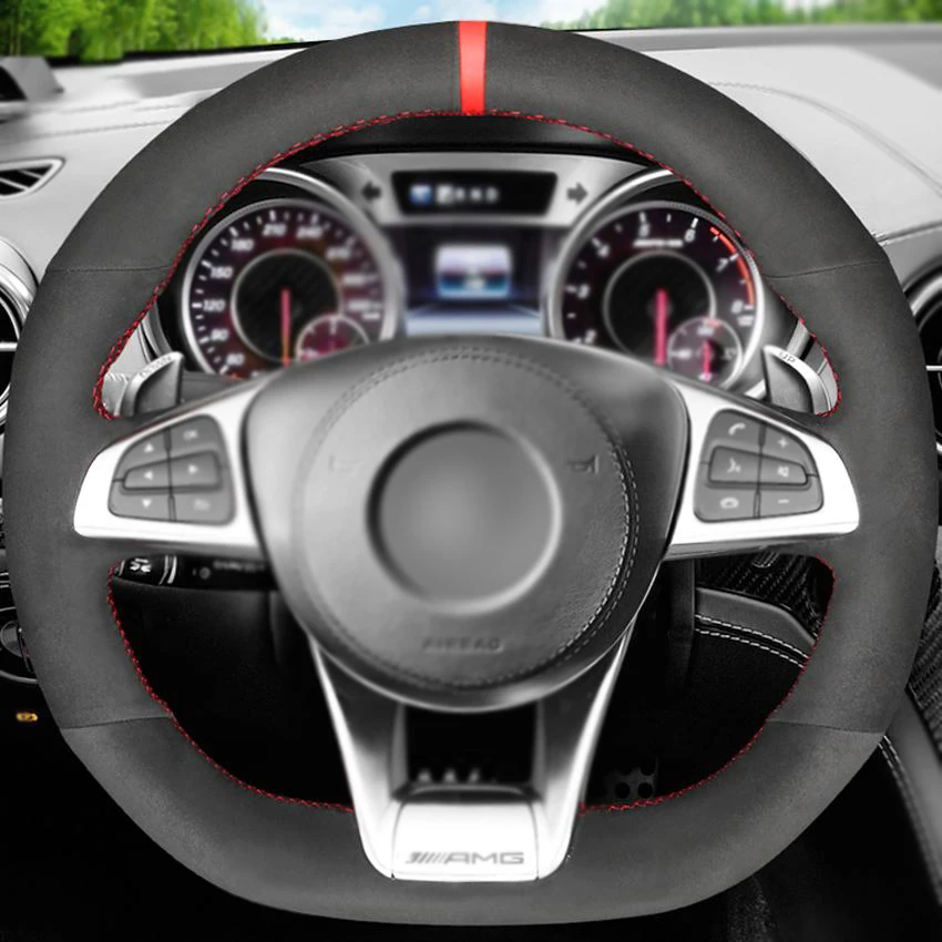 Car Steering Wheel Cover Customize Hand-Sewing Black Suede Leather for Benz A45 AMG W205 C43 C63S CLA45 CLS63 GLC43 C63 GLE43