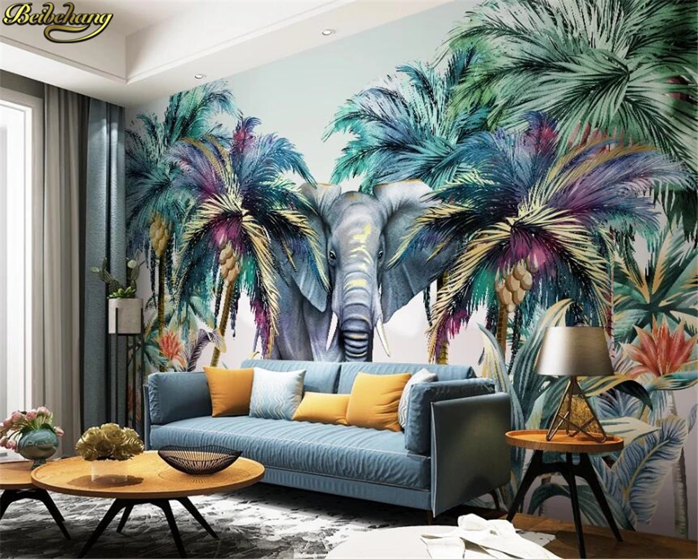 3d обои ручная роспись лес животное Тропическое растение слон кокосовое дерево