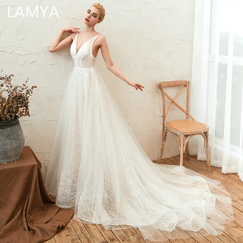 

LAMYA Sexy V Neck a Line Wedding Dress White Backess Bridal Gown Court Train Plus Size Conffion Vestidos De Noiva Lace up Wrap