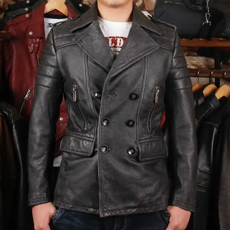 

Мужская Длинная кожаная куртка, новая осенне-зимняя мужская Кожаная Мотоциклетная одежда, лацканы, двубортная приталенная ветровка