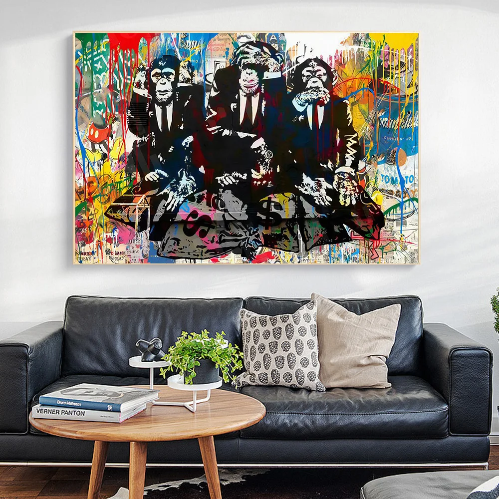 

Graffiti Funny Black And White Monkey Creative Poster Mural Home Decoration Canvas Painting Decorations For Living Room Piecies