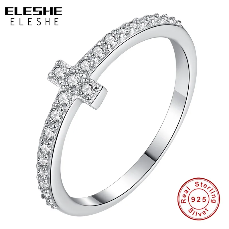 Подлинный eleshe, настоящее 925 пробы, серебряные кольца, кристалл, CZ, Вера, крест, кольцо на палец для женщин, свадьба, помолвка, модное ювелирное изделие