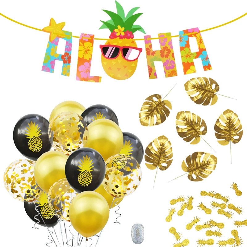 

ZLJQ Hawaii Party Balloon Decoration Kit Golden Pineapple Confetti Turtle Leaf Balloon Summer Cool Party Supplies