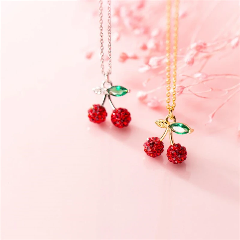 Женские цепочки до ключицы красные стразы из серебра 925 пробы с листьями вишни и