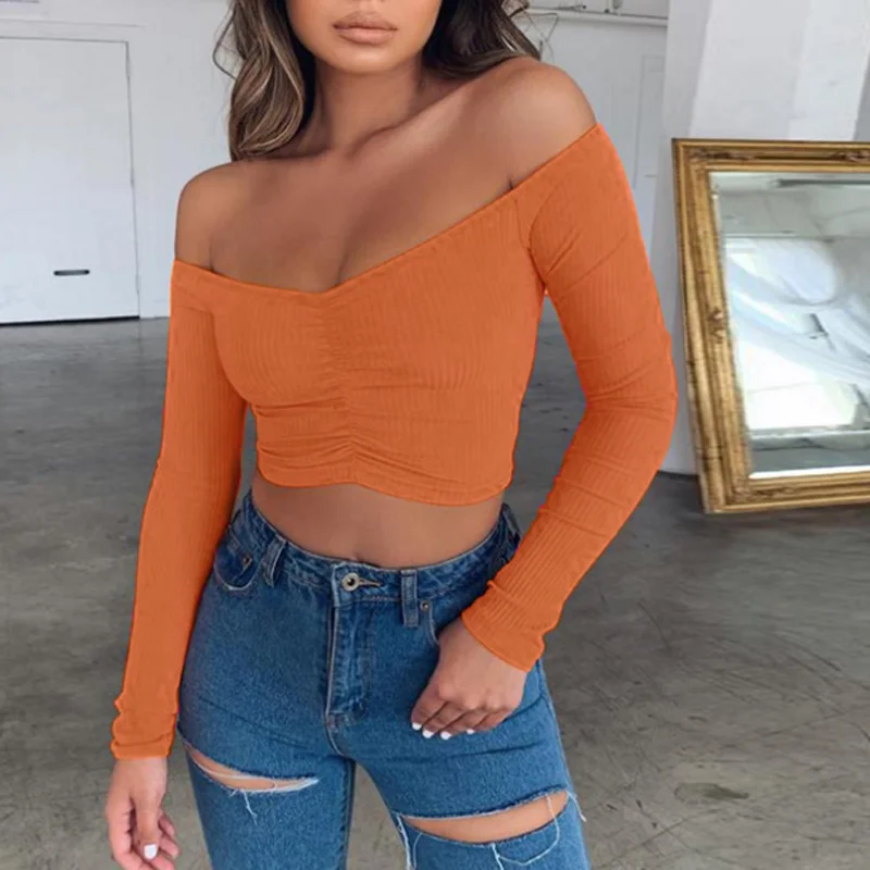 

Women Summer Off Shoulder Bodycon Slim Knitted Blouse Bandage Top Vest Blouses Long Sleeve Ladies Tops Shirts Womens Black White