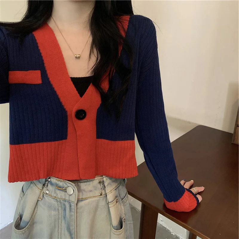 

Трикотажный кардиган контрастных цветов в стиле ретро, свитер, стильное пальто, короткий топ с брюками с высокой талией, осенняя одежда