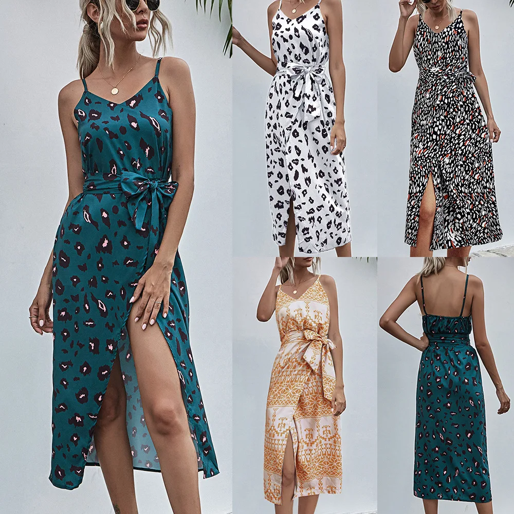 

2021 Summer Plus Size Dress Women Sleeveless Long Elegant Split Sling Dresses Sexy Ladies Evening Party Beach Vestidos Robe