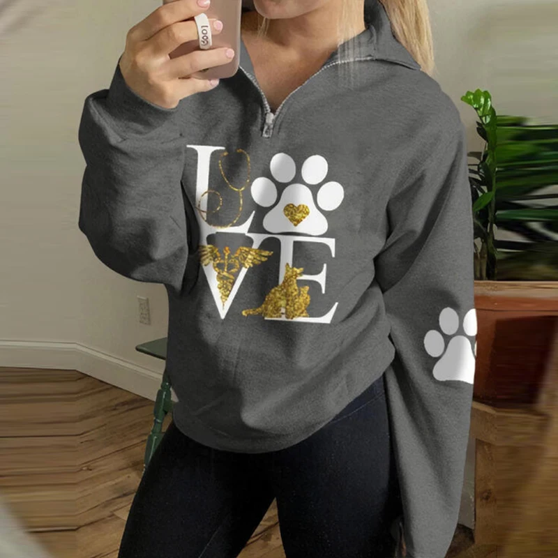 

Elegant Letter Print Women Casual Sweatshirt Fashion Zipper Long Sleeve Pullover Hoodie Autumn Winter New Loose Sweatshirt Tops