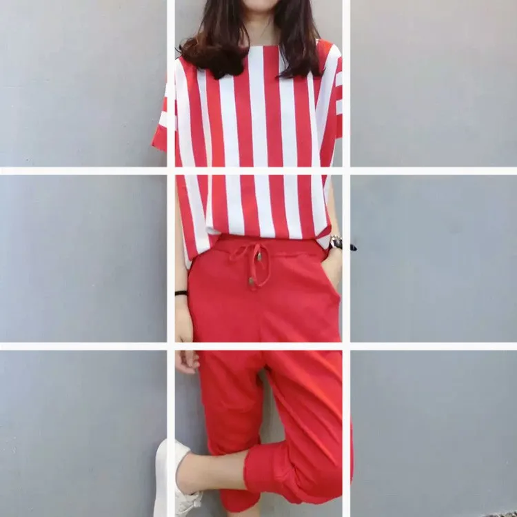 

New large size women's suit in 2019 summer with striped thin two piece suit fattening and leisure two piece suit