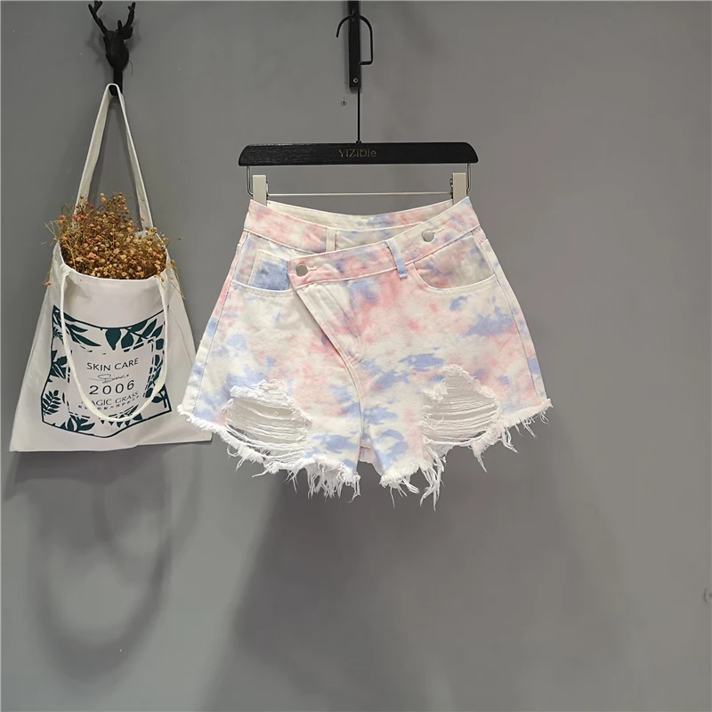 

Fashion Sexy Low Waist Denim Shorts for Women Irregular Ripped Frayed Floral Jean Shorts Girl Summer Wide Leg Pants Hot Shorts