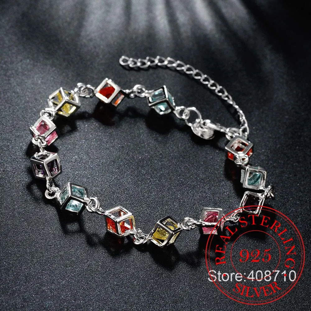 Браслет женский из серебра блестящий кристалл CZ пробы с кубиком счастья |