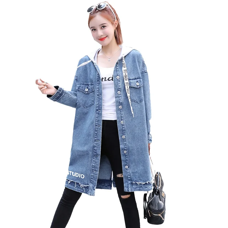 Однотонная джинсовая куртка с капюшоном BF для женщин Свободные повседневные