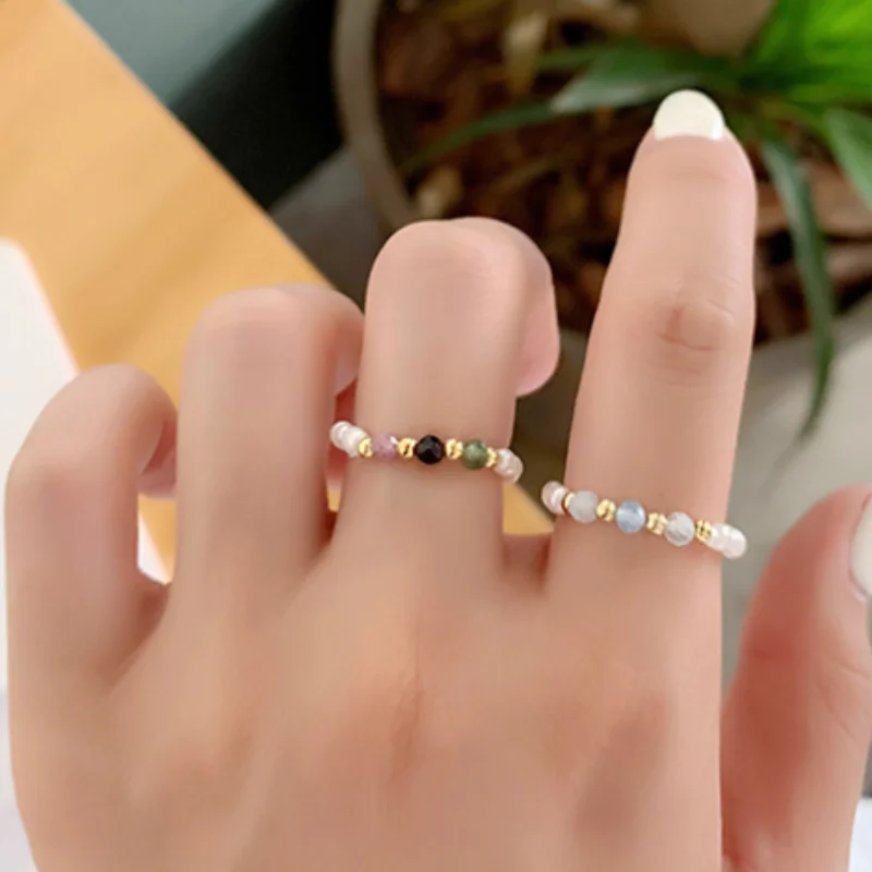 

Korean Multi Beaded Minimalist Bead Natural Freshwater Pearl Colorful Crystal Rings Women Finger Jewelry Adjustable Elastic Ring