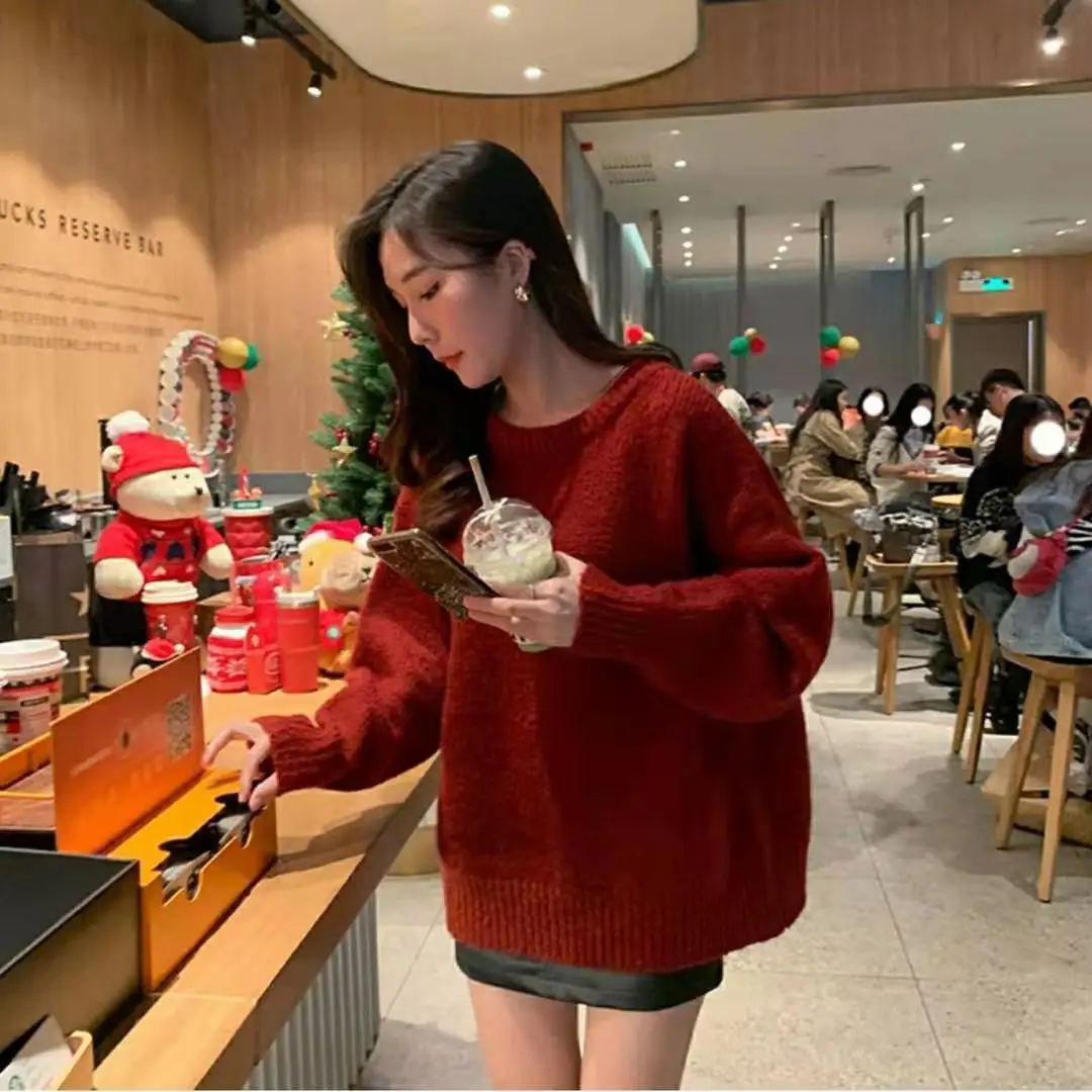 Пуловеры женские бордовые свободные милые праздничные Простые повседневные