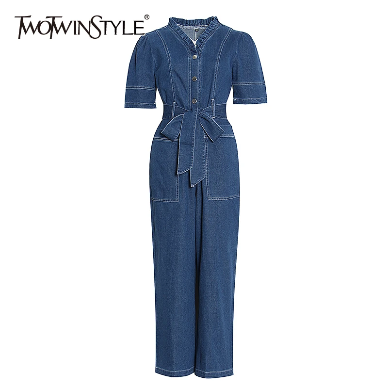 Женский джинсовый комбинезон TWOTWINSTYLE Винтажный Длинный с V образным вырезом
