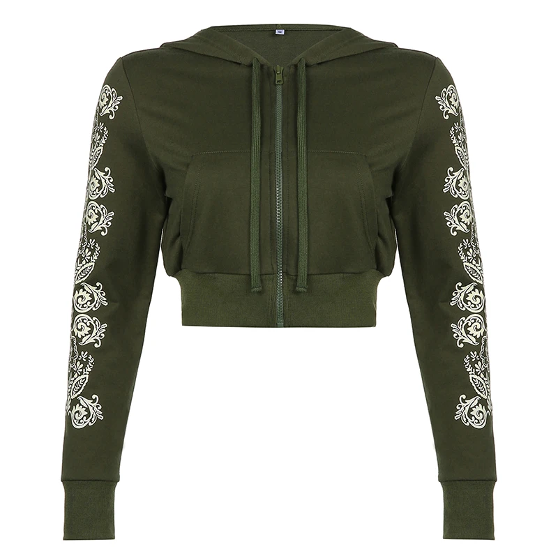 Rockmore Printed Crop Hooded Jackets Streetwear Vintage Cotton Coats Autumn Casual Women Zip Up Hoodies Female Fairy Grunge