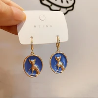 fashion cute cat earrings trendy blue golden coin round pendant earrings for women girls party earrings jewelry