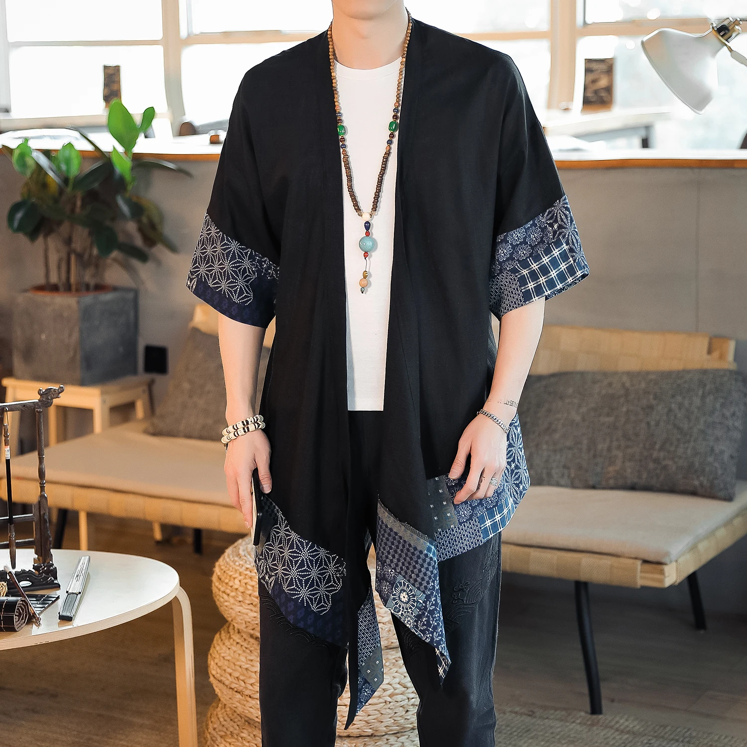 

Men's Trench Outerwear Cotton 3/4 Sleeve Kimono Irregular Patchwork Chinese Style Vintage Cloak Cape Men Cardigan Coats