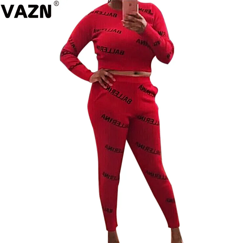 VAZN GWNY18654, лето, красный, черный, с буквенным принтом, с круглым вырезом,, комплект, длинный рукав, длинные штаны, 2 предмета, комплекты для ночного клуба, молодых ветров