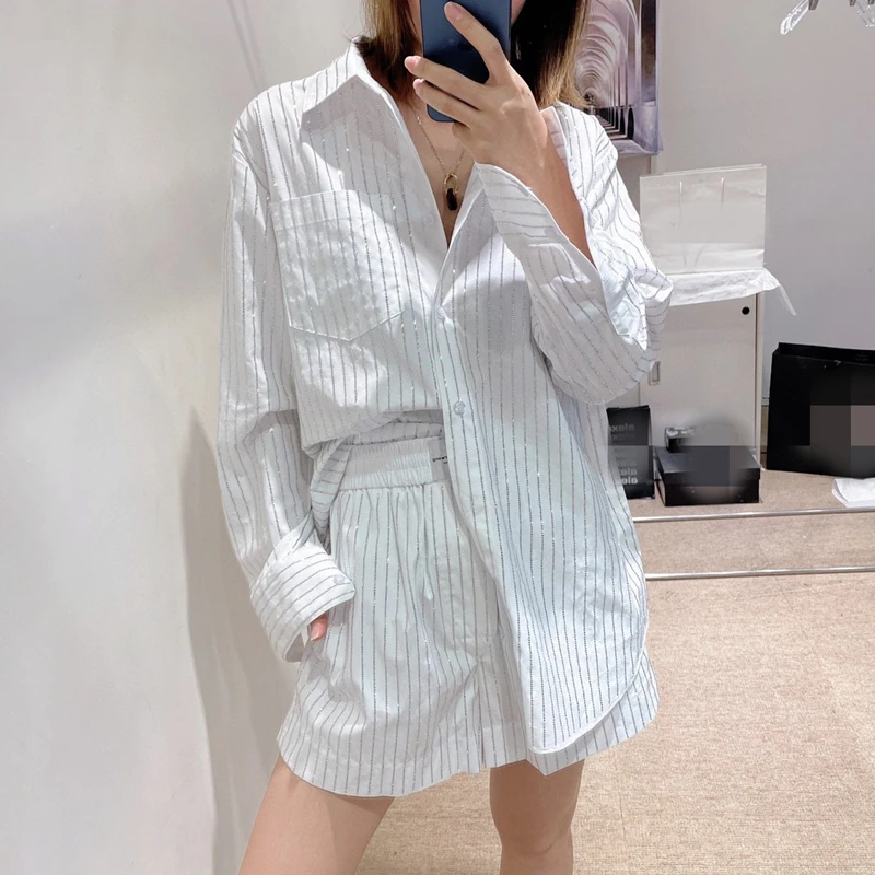 

New Summer AW Fashion Women Blouse Striped 2 Piece Set Loose High Quality Ladies Shirts Casual Elegant Female Shorts Suit T94